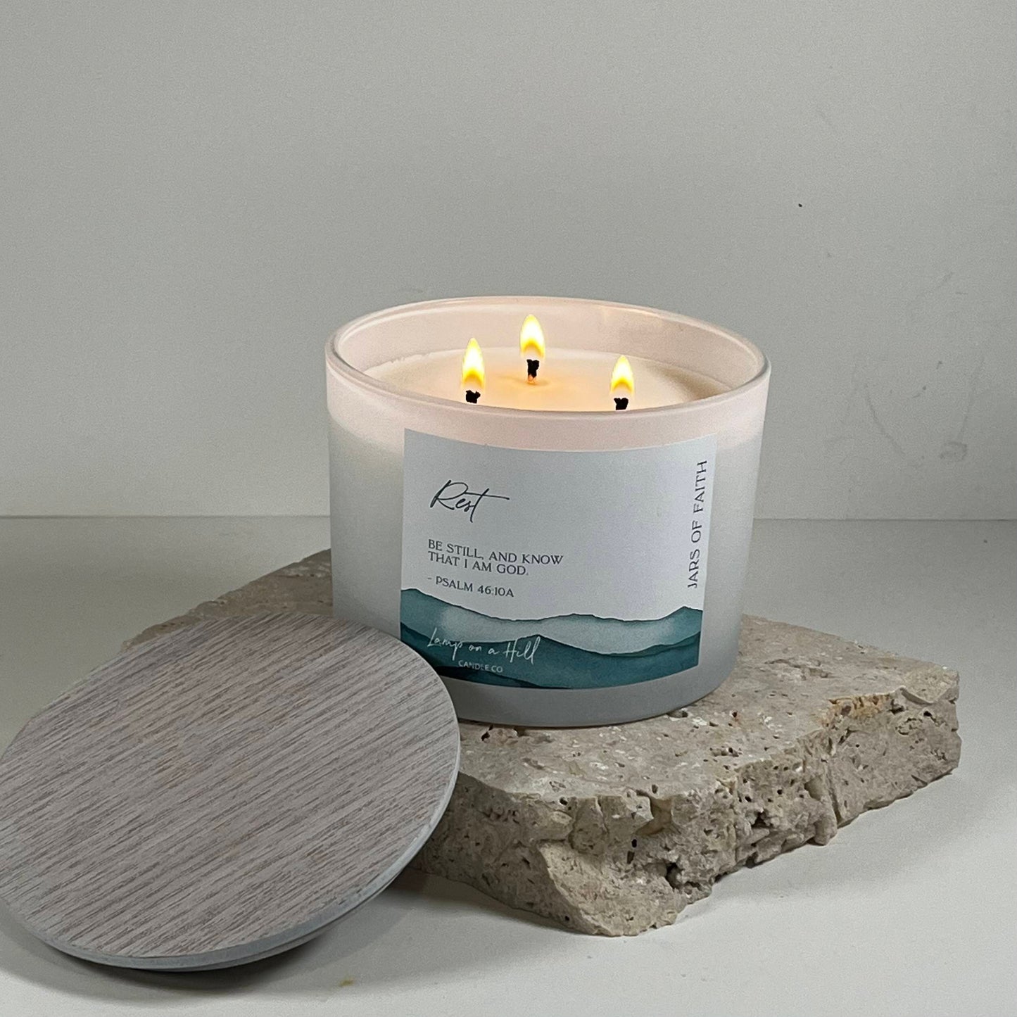 REST - Jars of Faith Candle Jar. ENGLISH PEAR & FREESIA. “Be still, and know that I am God.” Psalm 46:10a