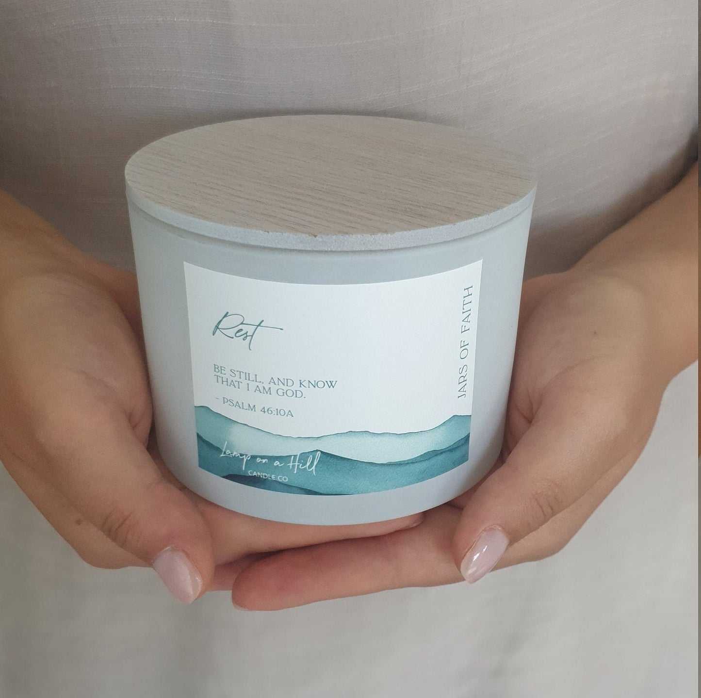 REST - Jars of Faith Candle Jar. ENGLISH PEAR & FREESIA. “Be still, and know that I am God.” Psalm 46:10a