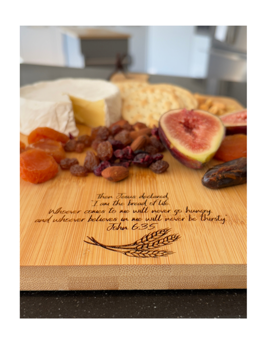 Charcuterie Scripture Cheese Paddle Board with bible verse "Then Jesus declared, I am the bread of life....." John 6:35