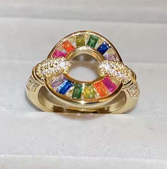 Rainbow Cubic Zircon Electroplated Gold Circular Ring One size fits all adjustable