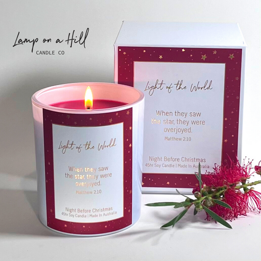 Light of the World Christmas Candle - Red - "Night Before Christmas" Scented Soy Candle - Matthew 2:10 "When they saw the star they were overjoyed."