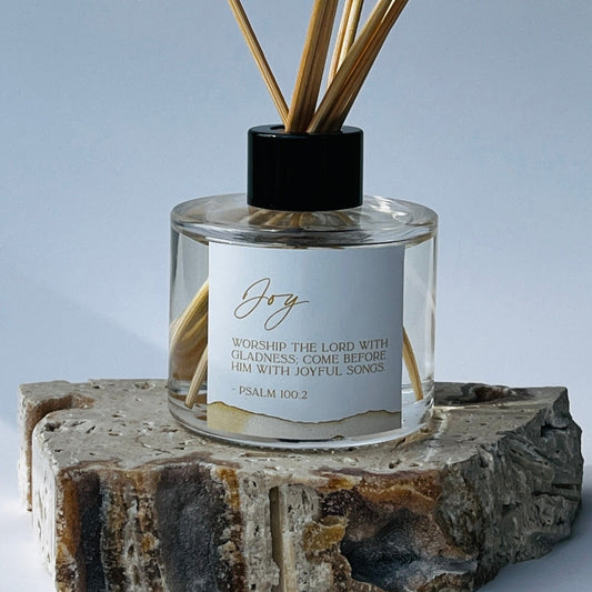 Joy -  Bible Verse Reed Diffuser - “Worship the Lord with gladness; come before him with joyful songs.” Psalm 100:2