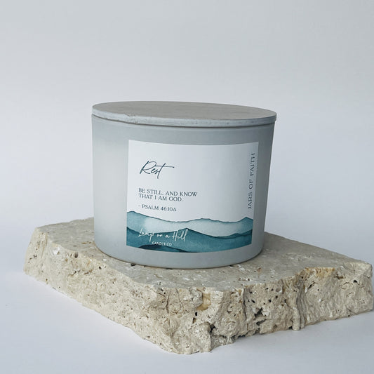 REST - Jars of Faith Candle Jar. ENGLISH PEAR & FREESIA. “Be still, and know that I am God.” Psalm 46:10a