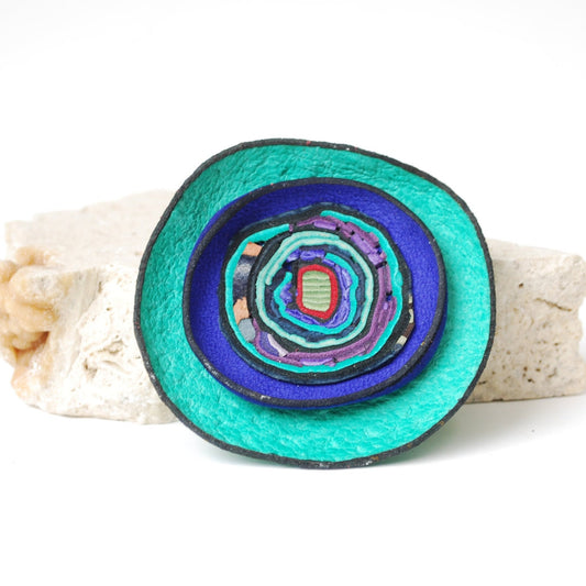 Aqua & deep blue Leather Brooch with interesting lines and spirals