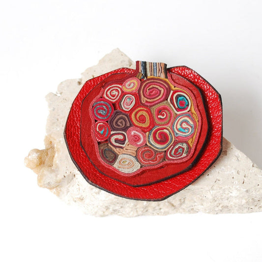 Red Pomegranate Leather Brooch with Spirals